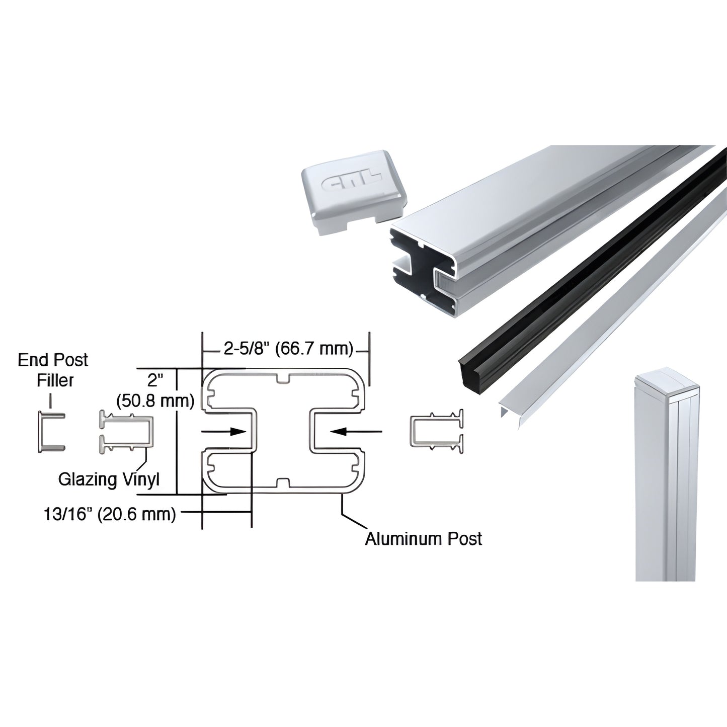 Aluminum rectangular end post kit (mill finish) for glass railings, fits 6-12mm glass, 72 depth - SKU S72EKM