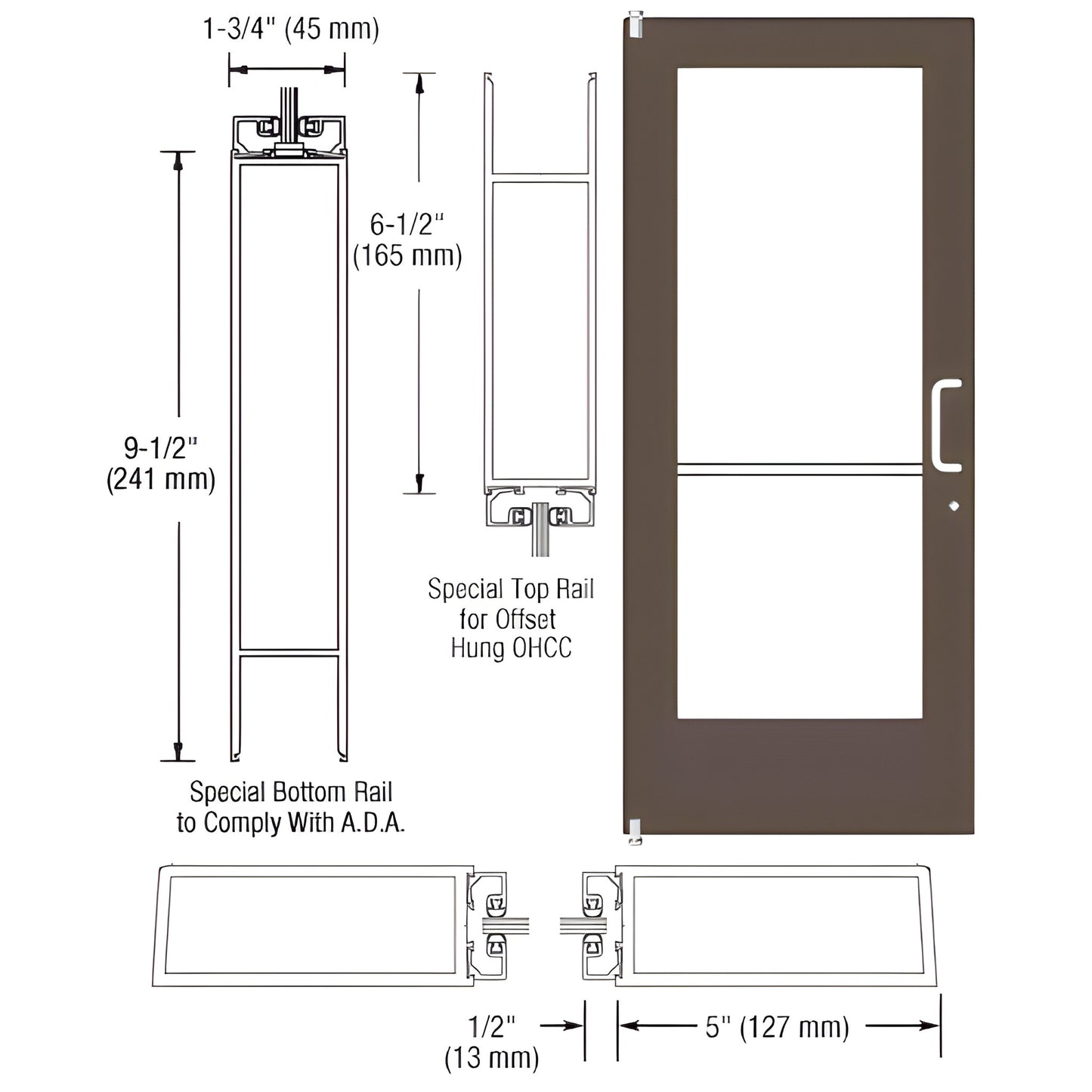 Black bronze anodized wide stile commercial entrance door (DE51122R360090) with large glass panel and ADA 9.5" bottom rail.