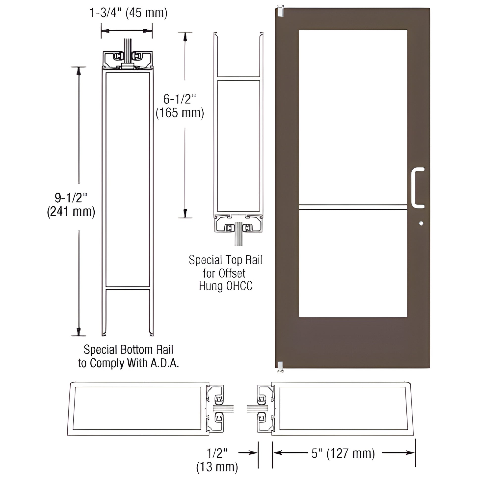 Black bronze anodized wide stile commercial entrance door (DE51122R360090) with large glass panel and ADA 9.5" bottom rail.