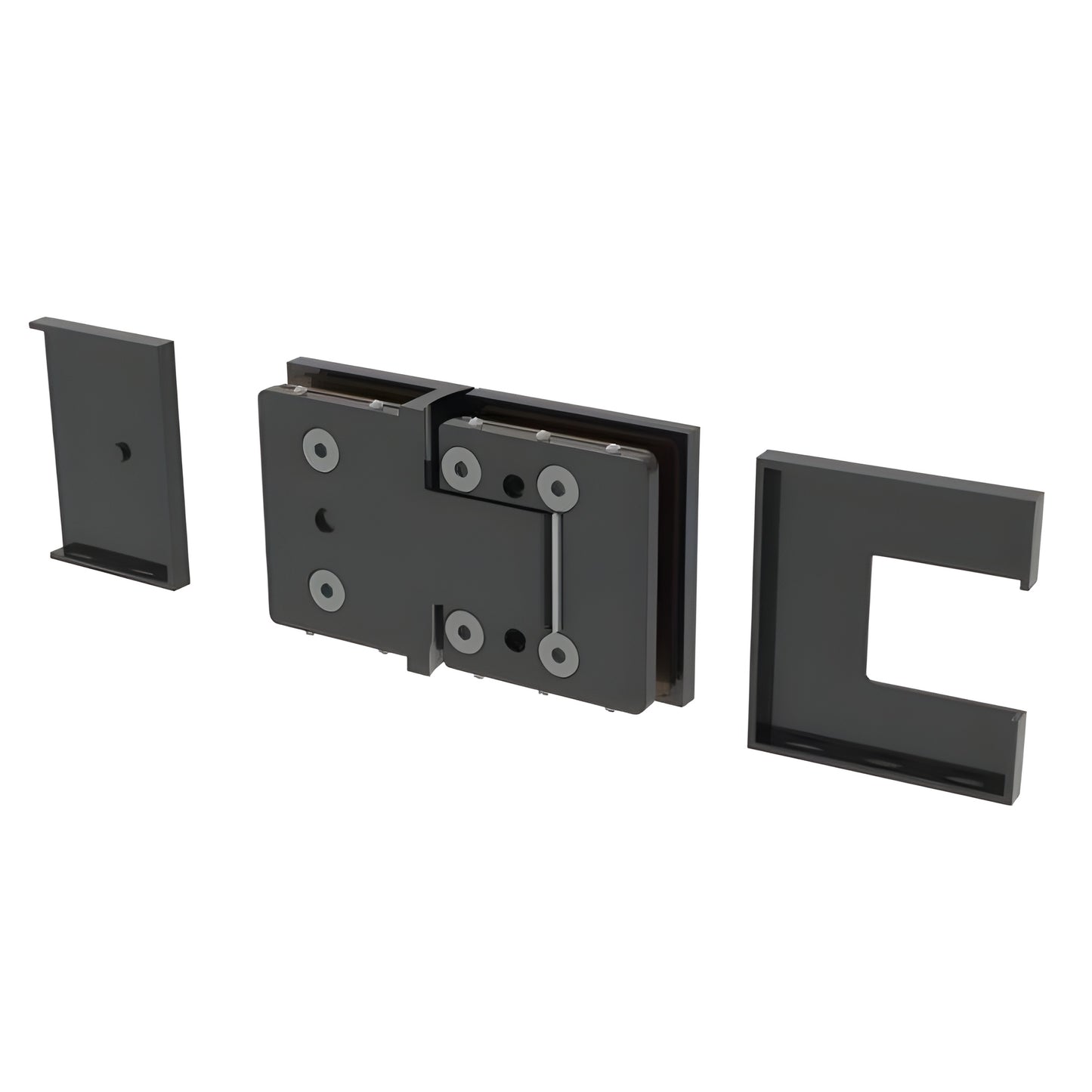BEL380MBL matte-black Bellagio concealed brass hinge for frameless glass shower doors, square profile, 8-10mm glass.