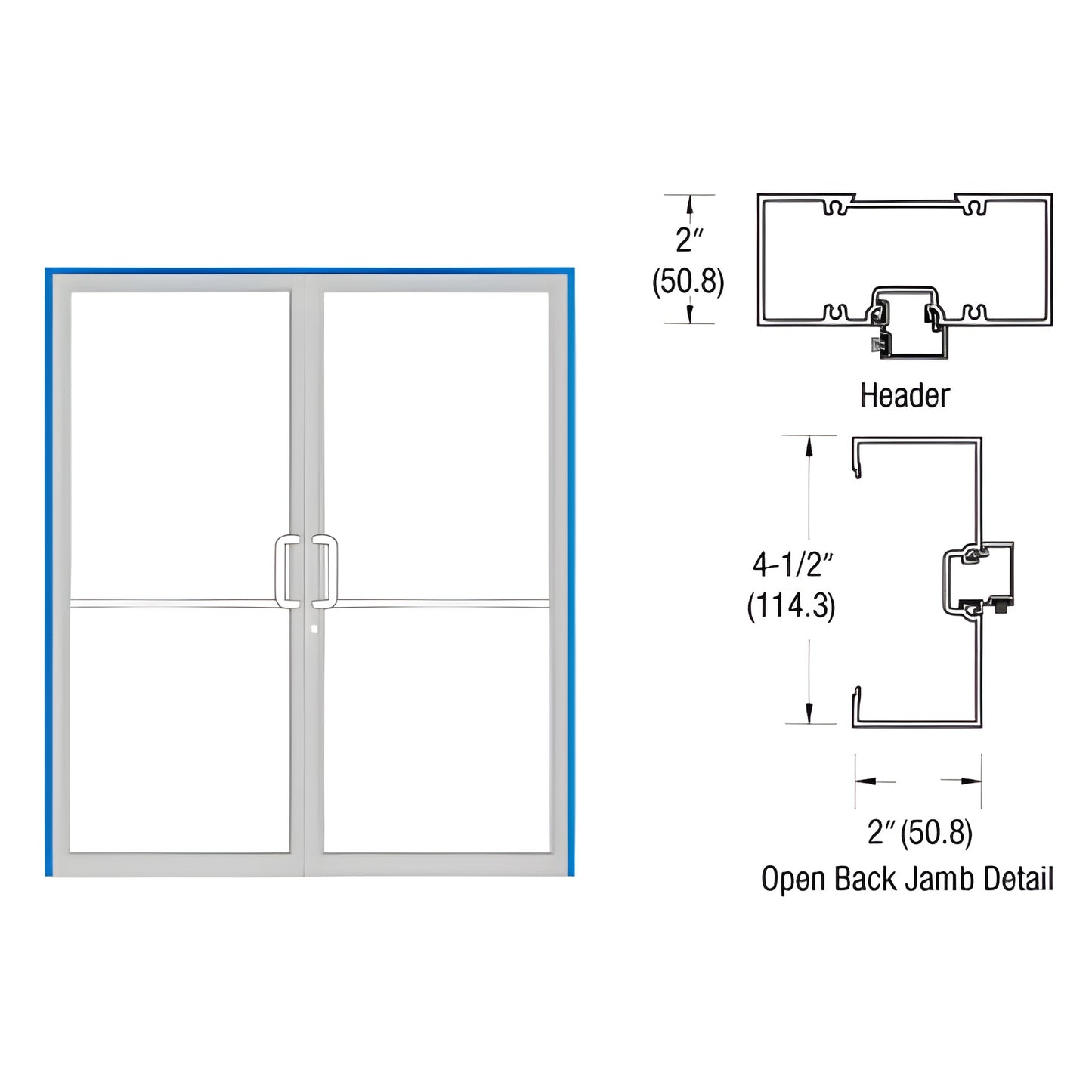 Aluminum commercial double glass door with D-pulls, blue Custom Kynar frame; jamb and header cross-section drawings.