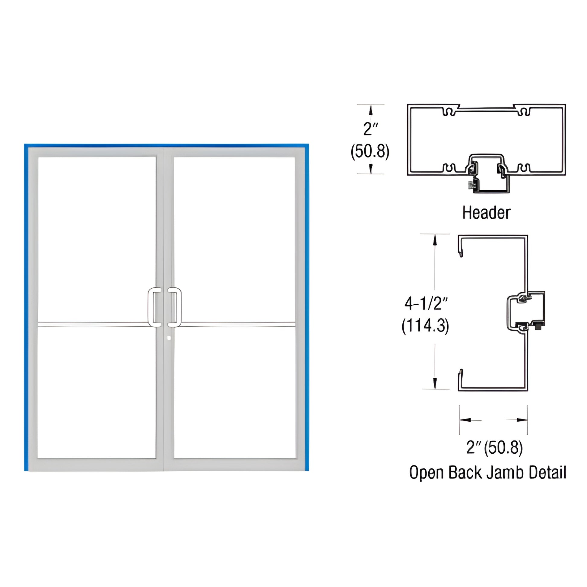 Aluminum commercial double glass door with D-pulls, blue Custom Kynar frame; jamb and header cross-section drawings.
