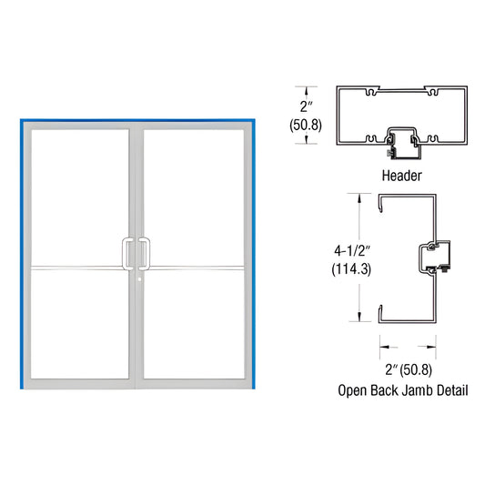 Aluminum commercial double glass door with D-pulls, blue Custom Kynar frame; jamb and header cross-section drawings.