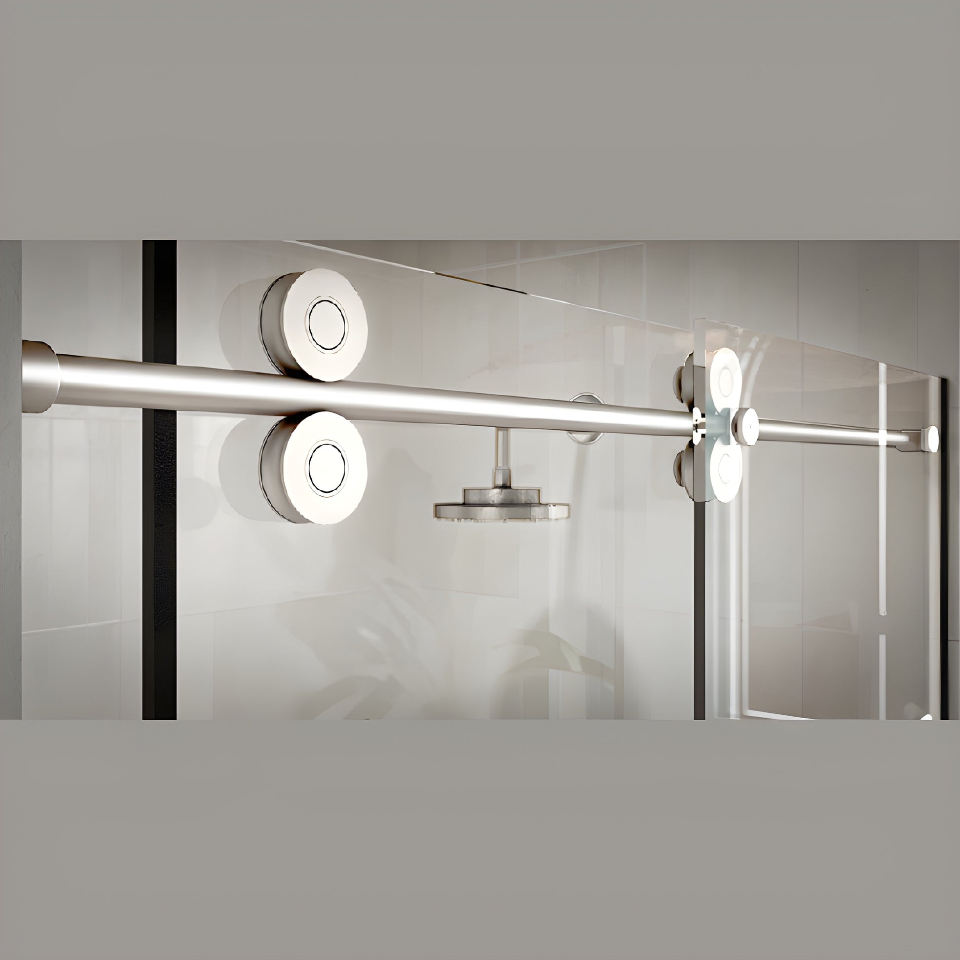 CRE78PS Crescent Series 78 in polished stainless top-rolling sliding shower door, one sliding door and one fixed panel