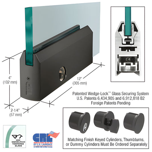12 in black bronze tapered aluminum Wedge-Lock door rail with 5/8 in glass and lock, SKU DR4TDU58PL