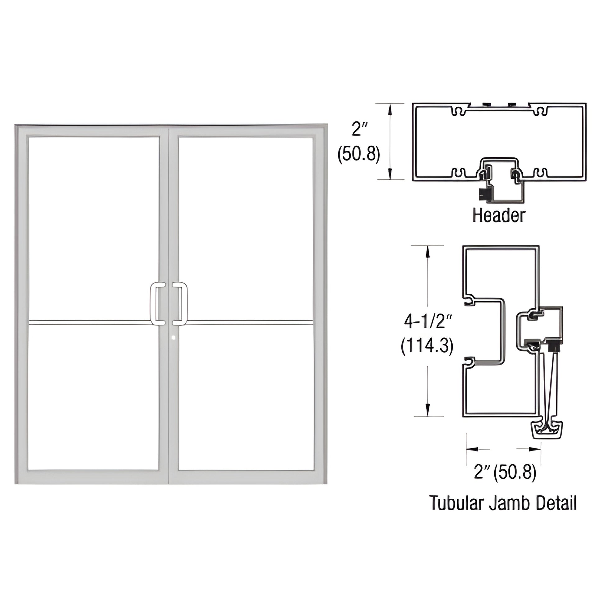 FR72811 clear anodized aluminum gear-hinge up-and-over double door frame with tubular jambs and aluminum threshold.
