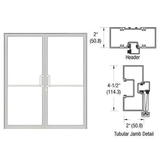 FR72811 clear anodized aluminum gear-hinge up-and-over double door frame with tubular jambs and aluminum threshold.