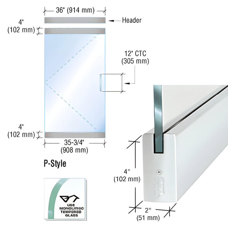 P-Style frameless glass door kit (P4SA12SE) with aluminum dry-glaze rails for 1/2" tempered glass, 35-3/4" wide