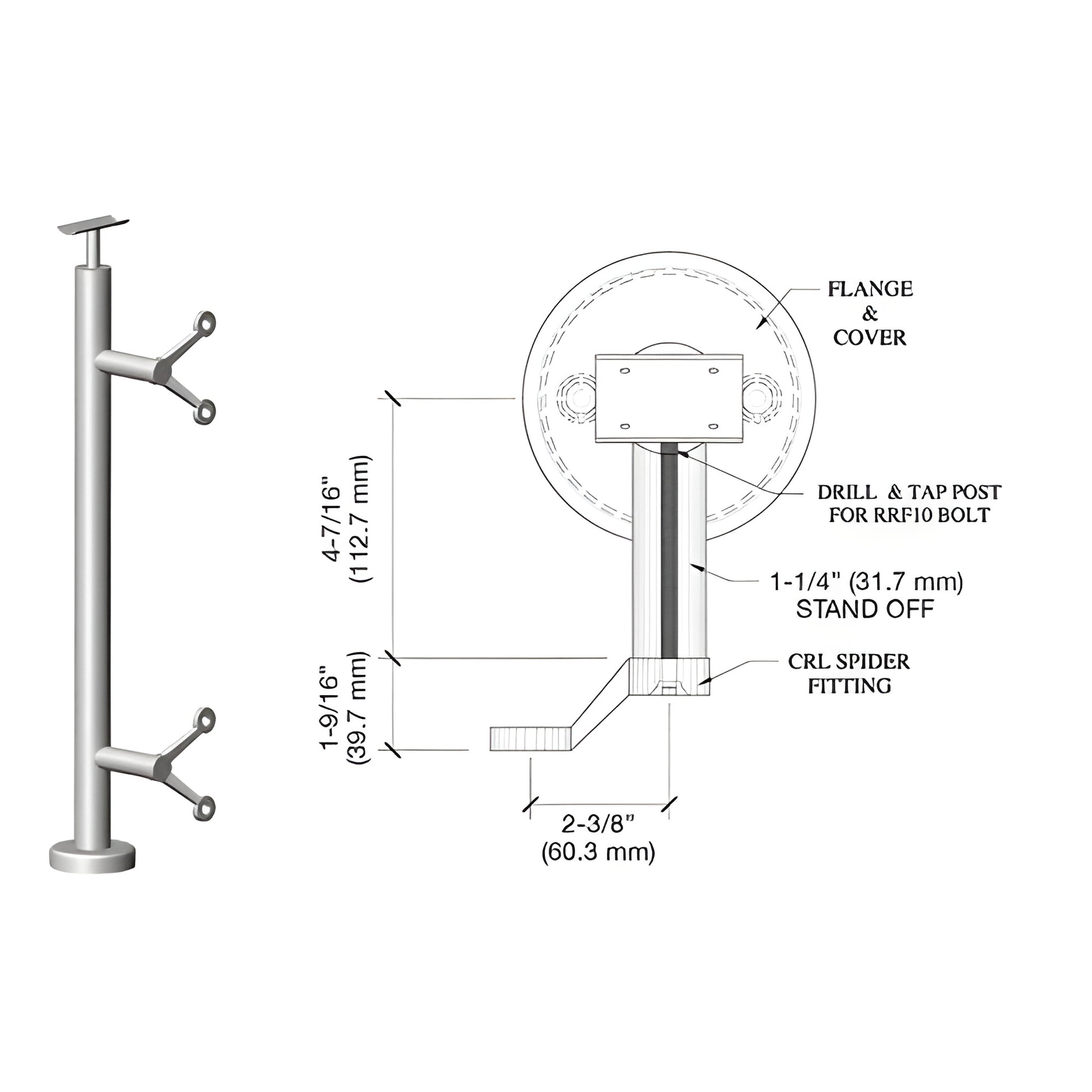 P636EBS brushed stainless spider post railing kit with base plate and factory-mounted glass spider fittings.