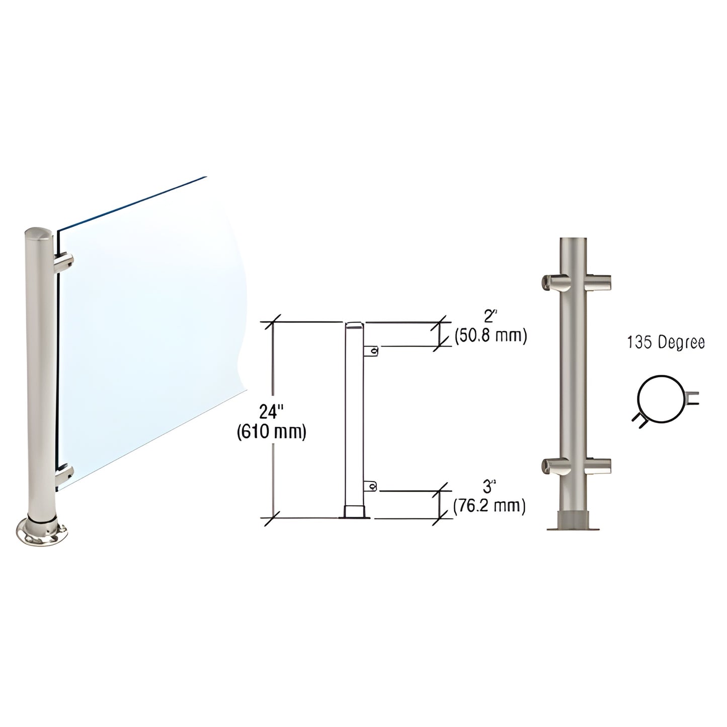 PP58ABS 24" brushed stainless slimline 135 corner post for 1/4"-3/8" frameless glass partitions (diagram and render)