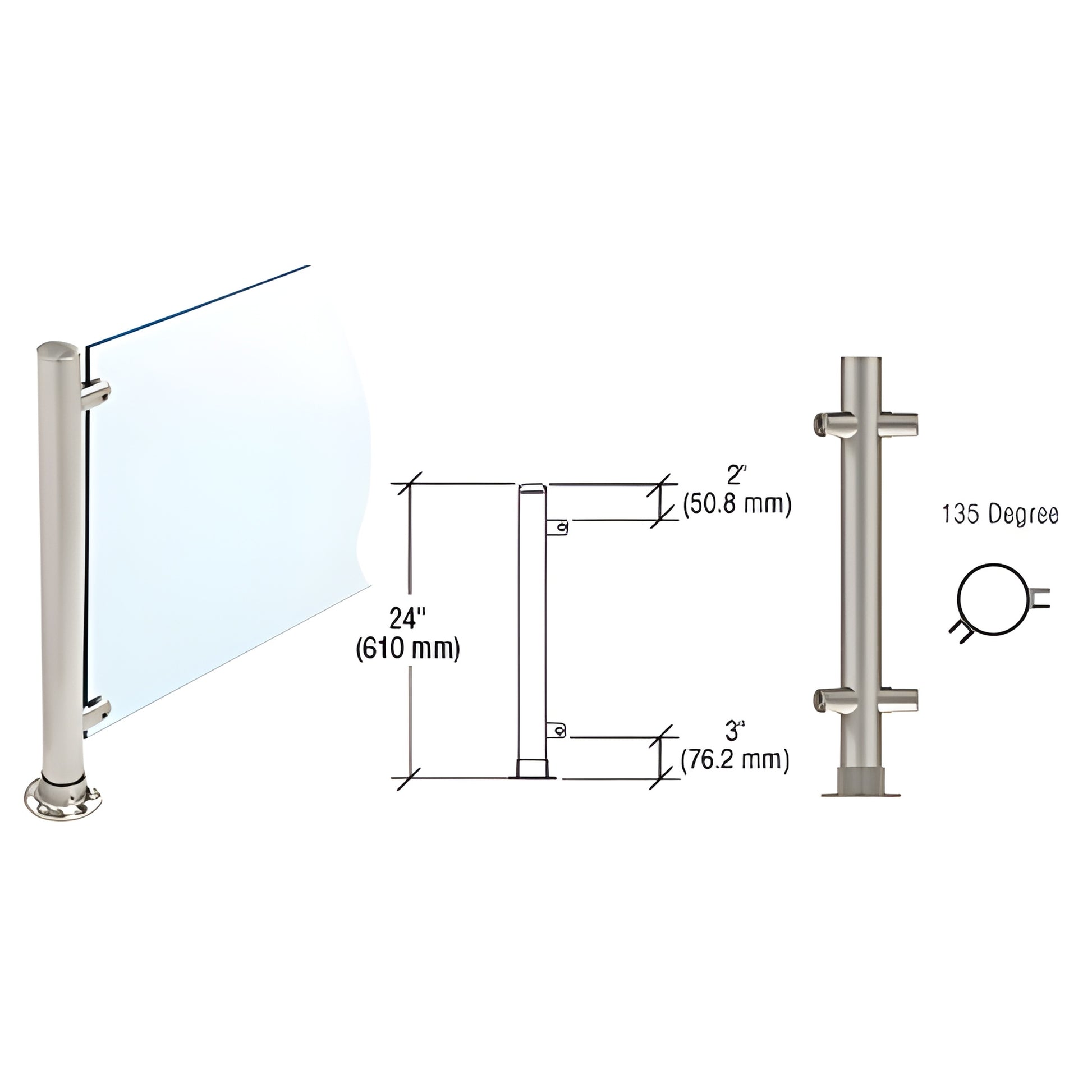 PP58ABS 24" brushed stainless slimline 135 corner post for 1/4"-3/8" frameless glass partitions (diagram and render)