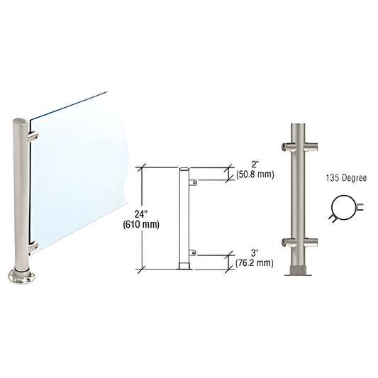 PP58ABS 24" brushed stainless slimline 135 corner post for 1/4"-3/8" frameless glass partitions (diagram and render)