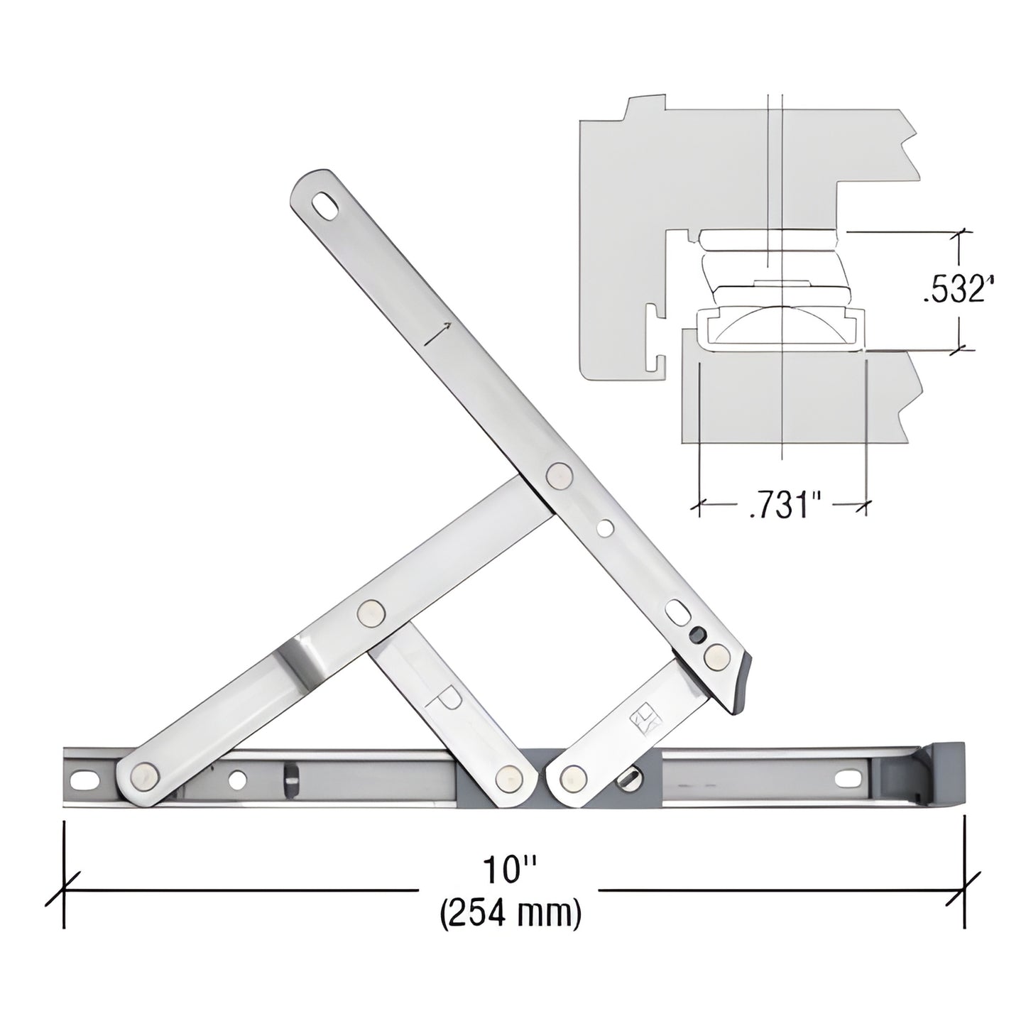 DSH10 stainless steel 4-bar friction casement hinge, handed pair, 10" length, shown open