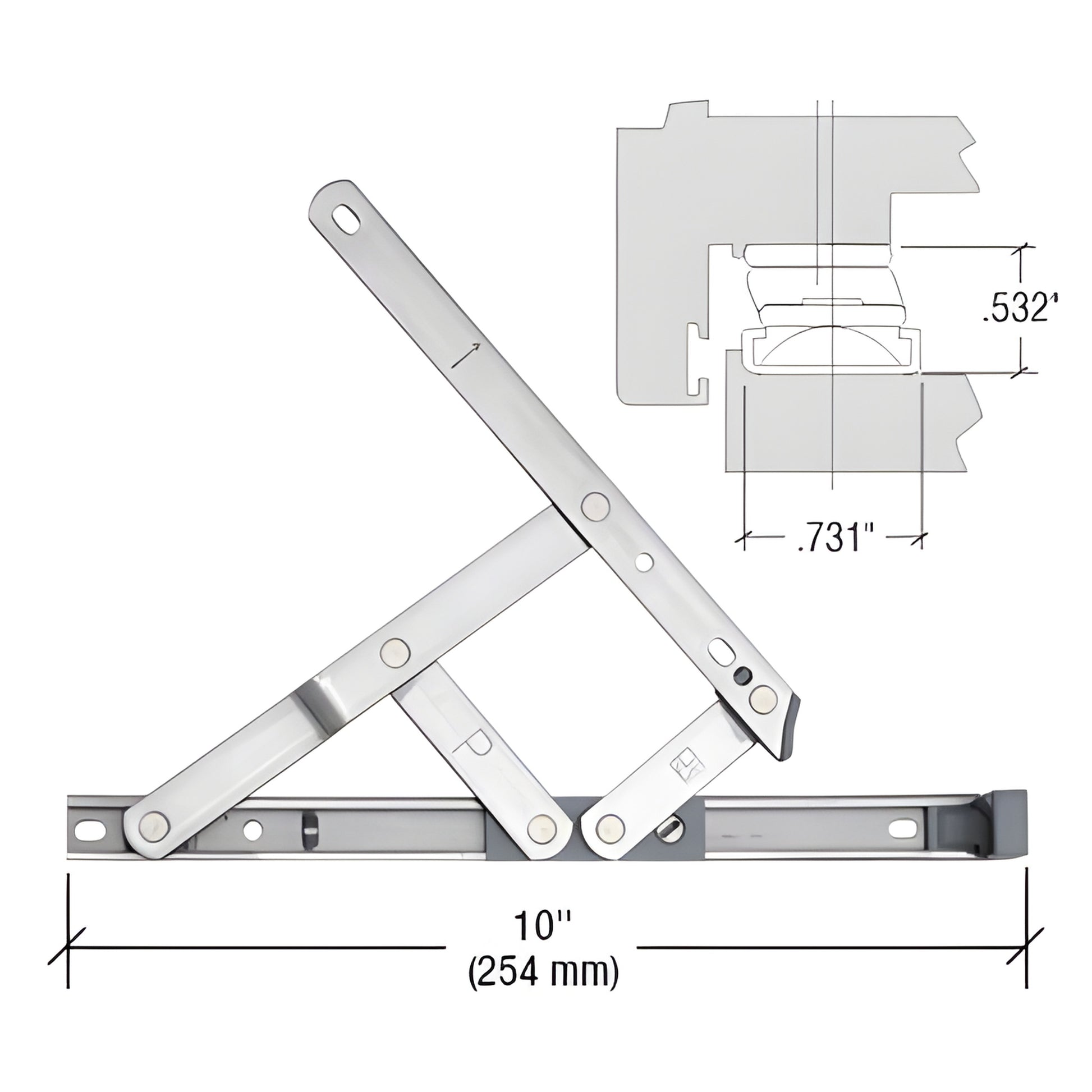 DSH10 stainless steel 4-bar friction casement hinge, handed pair, 10" length, shown open