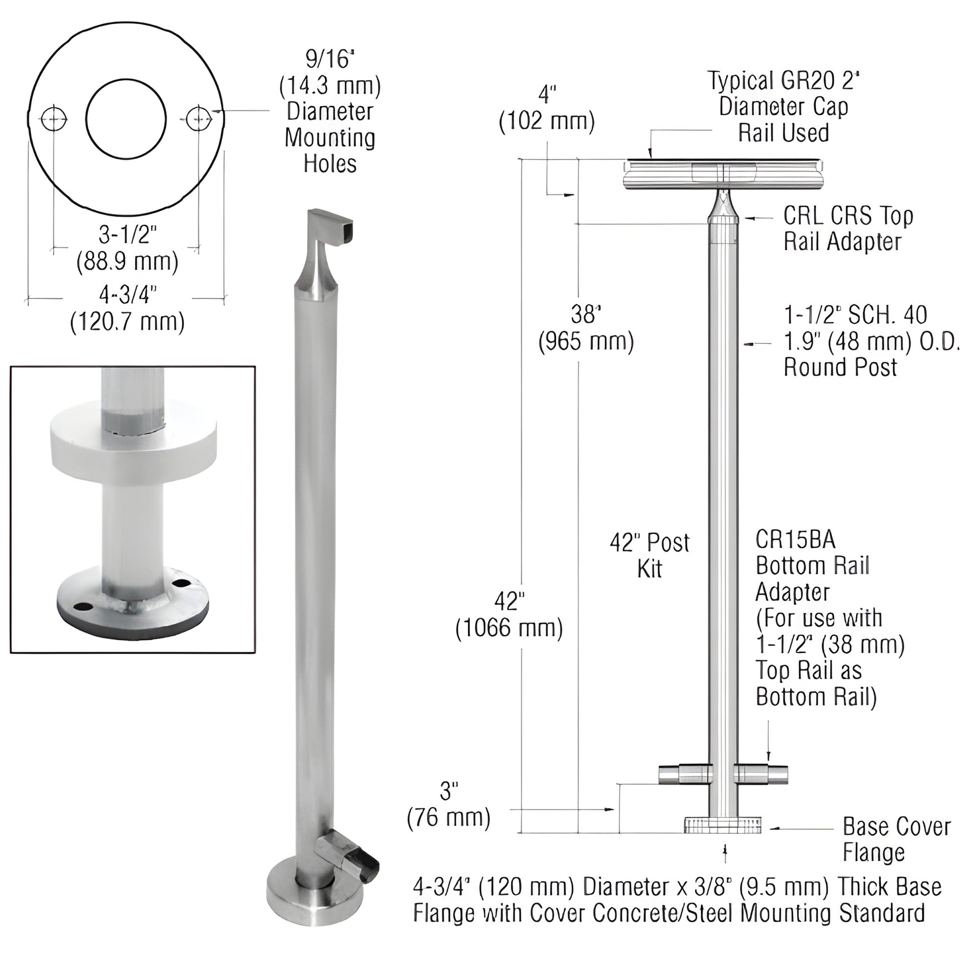 CR42EKBS stainless steel 42in surface-mounted guardrail post kit with round base plate, top and bottom rail adapters.