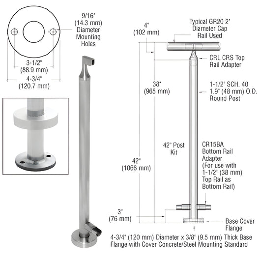 CR42EKBS stainless steel 42in surface-mounted guardrail post kit with round base plate, top and bottom rail adapters.