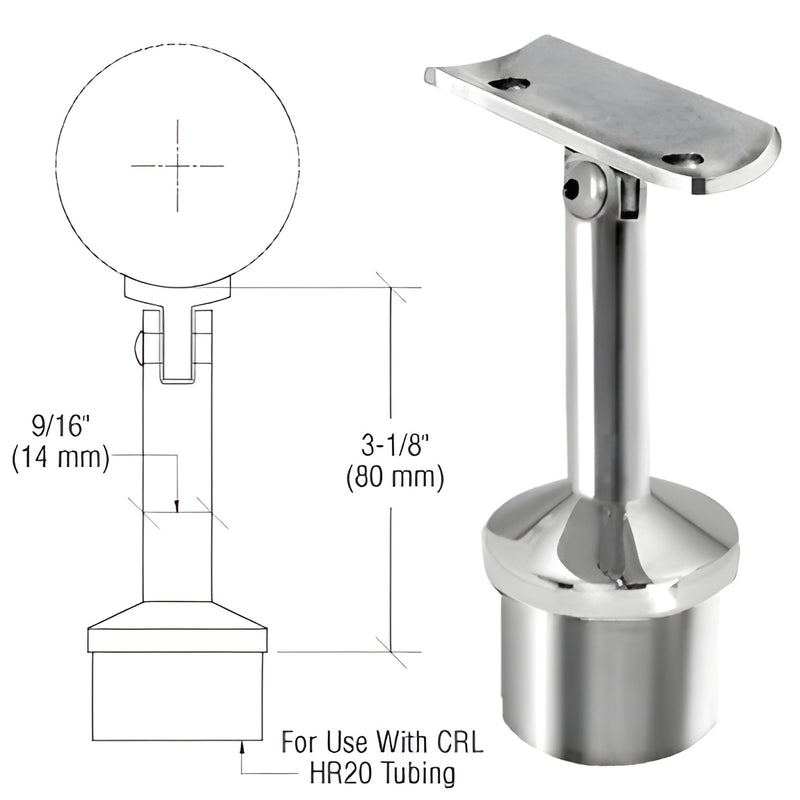 Polished stainless adjustable radius saddle handrail support (SKU HR20ARPS) for 2" round tubing, 3-1/8" centerline