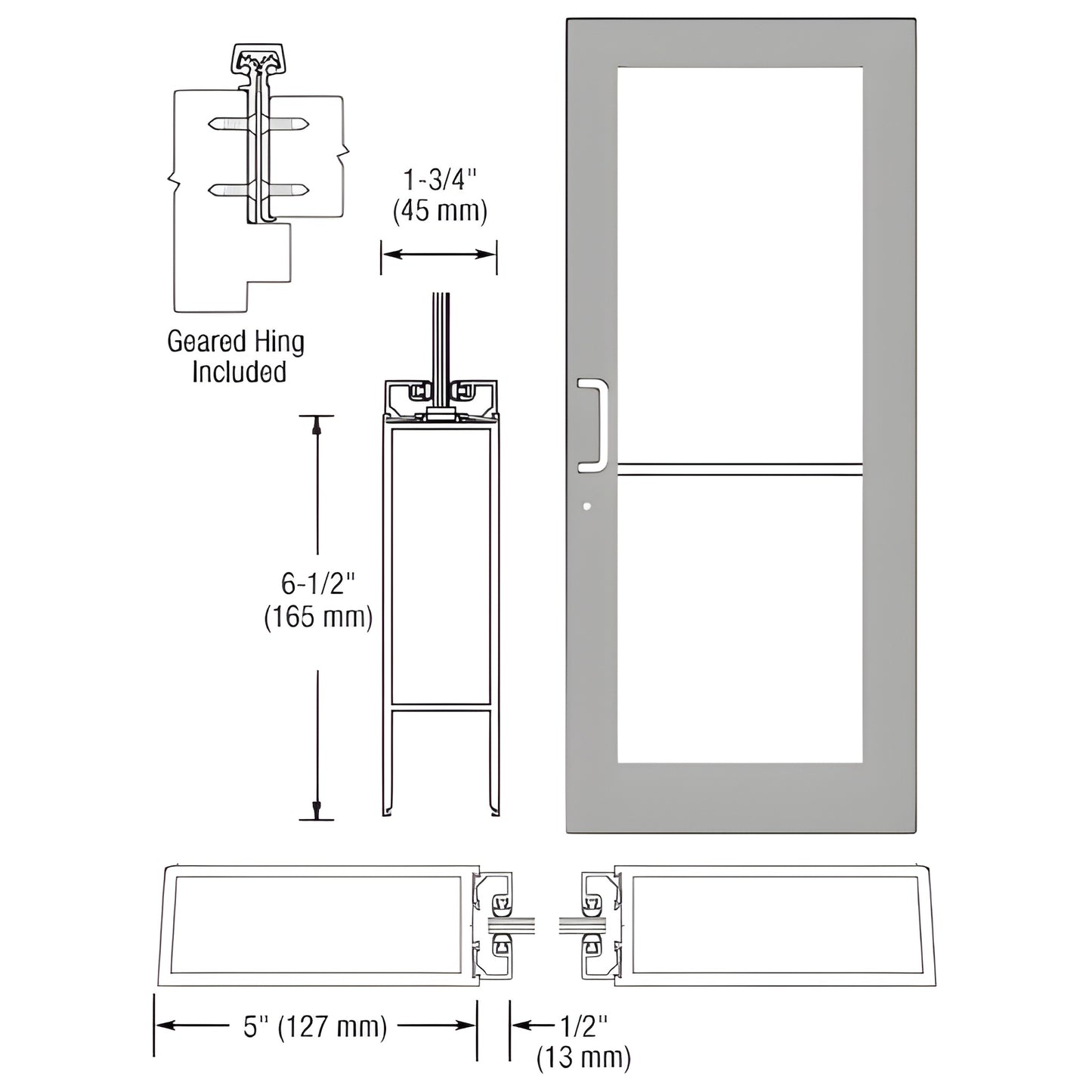 Custom Wide Stile Entrance Door DC51811, clear anodized, 5" stiles, 5.5" top and 6.5" bottom rail, fits 1/4" tempered glass
