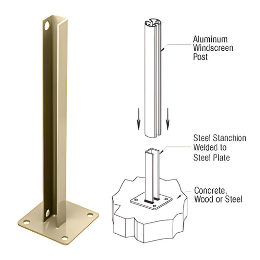 Matte bronze welded steel stanchion with 5 in square base plate, surface-mount post support for posts up to 48"