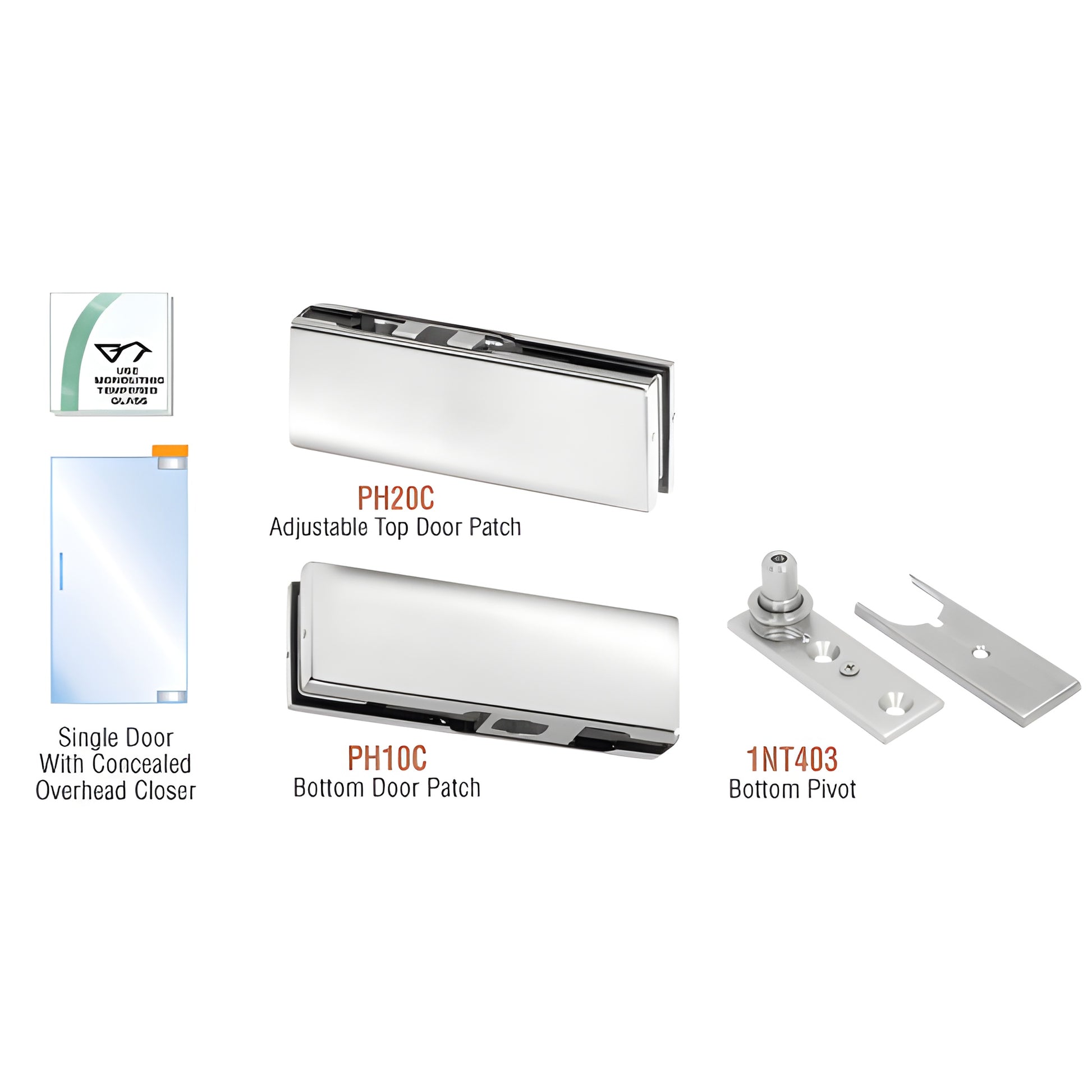 PHA2PS stainless steel pivot patch kit: adjustable top patch, bottom patch, bottom pivot and gaskets for 3/8-1/2 glass