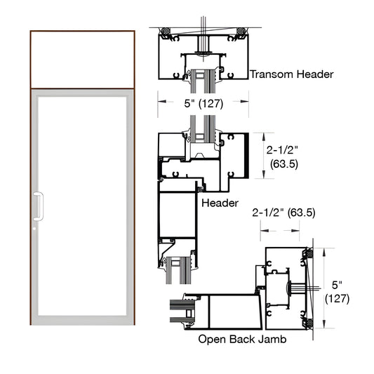 Custom transom impact door frame SKU 0F91822, black bronze anodized, geared-hinge prep, 2.5" x 5" profile with air threshold