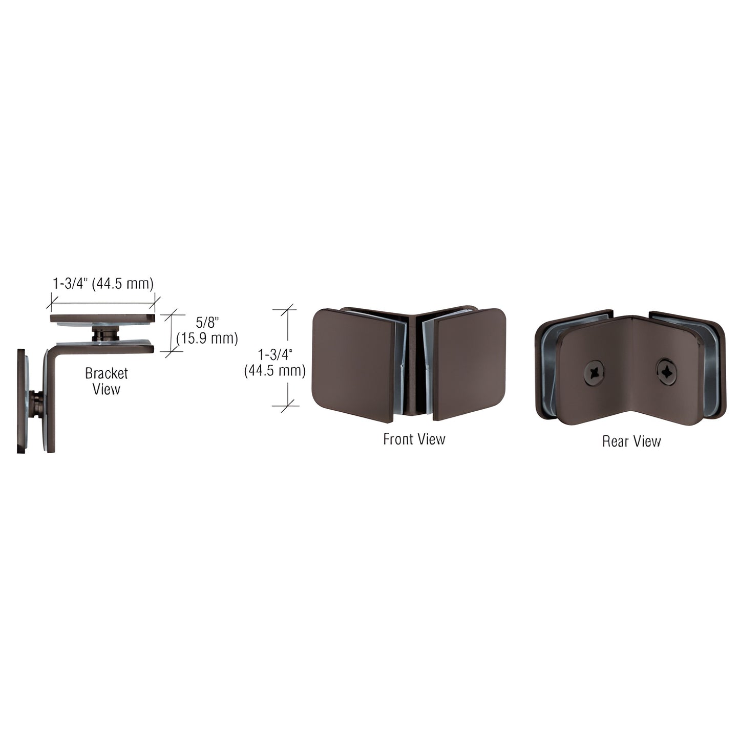 GCB900RB oil-rubbed bronze 90 brass glass clamp for 8-12mm frameless shower panels, front and rear views.