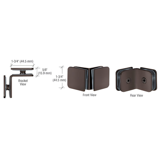 GCB900RB oil-rubbed bronze 90 brass glass clamp for 8-12mm frameless shower panels, front and rear views.