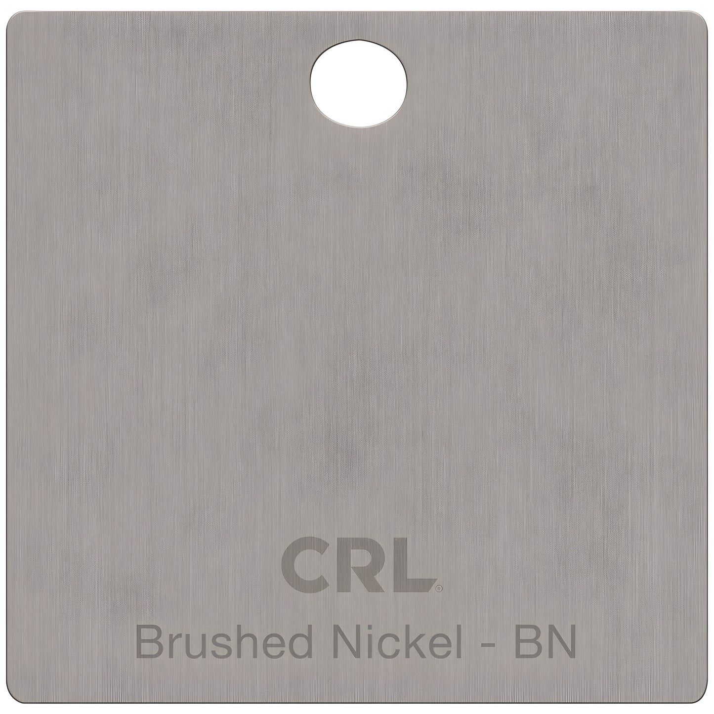 CH2PBN brushed nickel finish sample chip - rectangular metal sample with hang hole and CRL logo