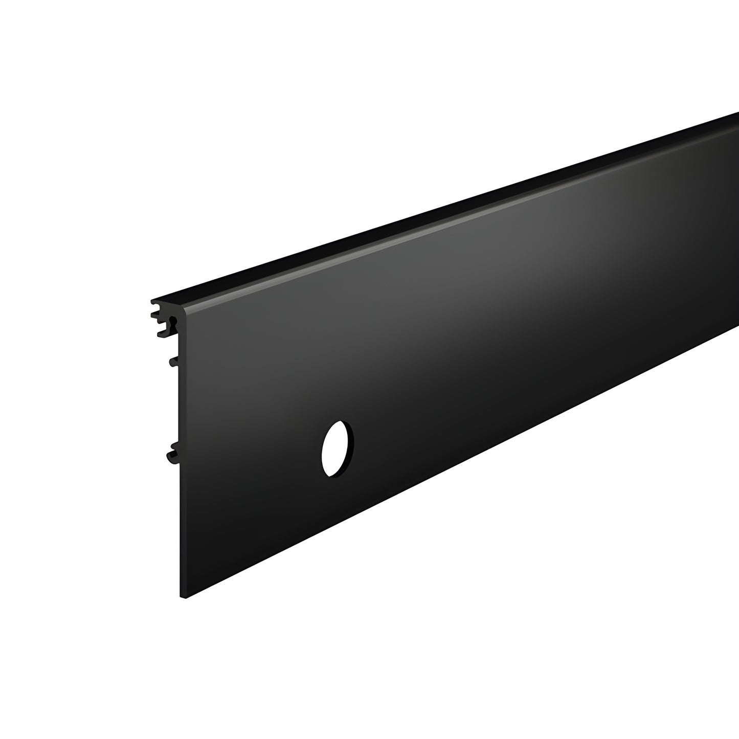 Matte black 4 inch aluminum door rail side cover with lock cylinder hole, SKU DRXSC4SMBLL