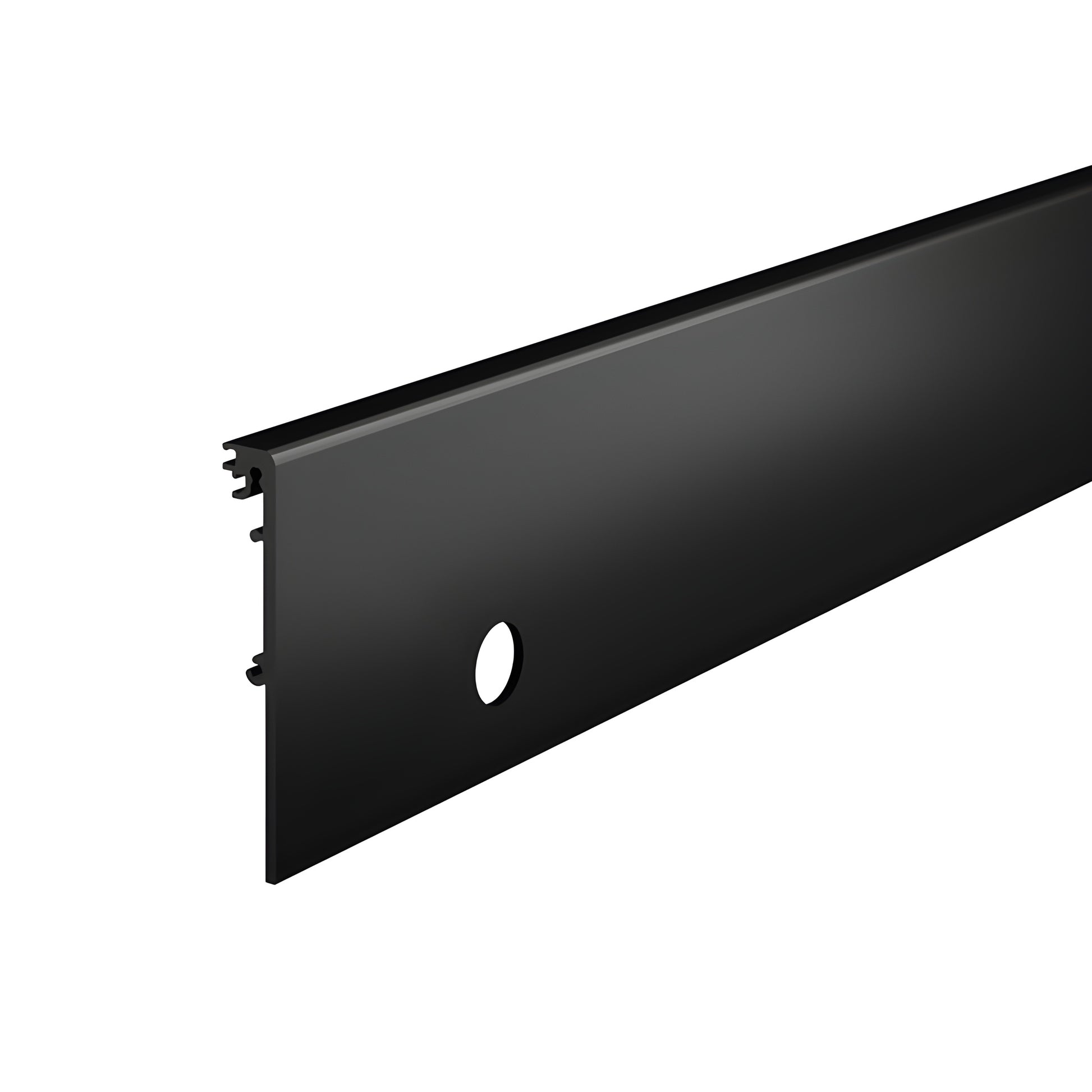 Matte black 4 inch aluminum door rail side cover with lock cylinder hole, SKU DRXSC4SMBLL