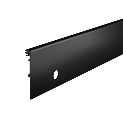 Matte black 4 inch aluminum door rail side cover with lock cylinder hole, SKU DRXSC4SMBLL