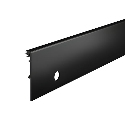 Matte black 4 inch aluminum door rail side cover with lock cylinder hole, SKU DRXSC4SMBLL