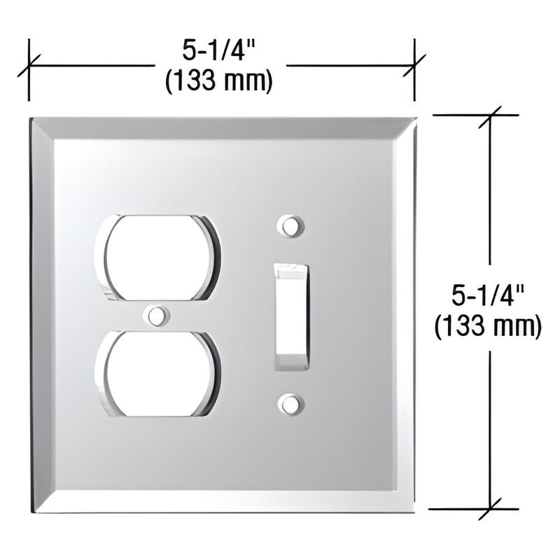 Clear beveled glass mirror 2-gang plate w/ duplex outlet and toggle switch cutouts, 5-1/4" (SKU GMP7C)