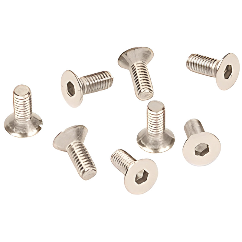 A512SN - pack of eight satin nickel M5 5x12mm flat head Phillips hinge screws scattered on white background.