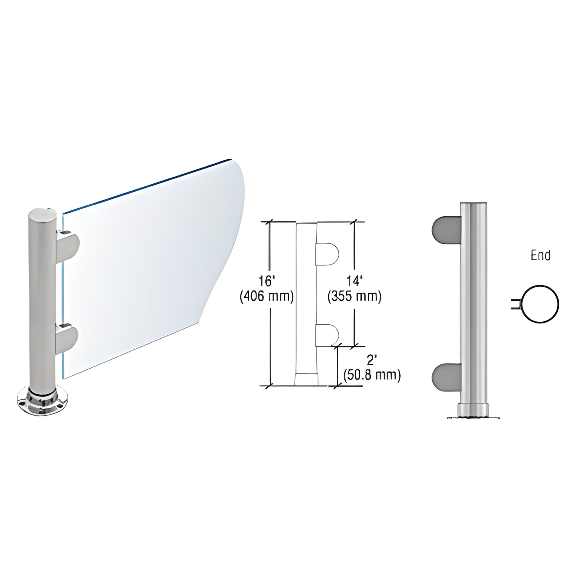PP06EBS stainless steel 16 round end post with flat cap, adhesive round base and Z clamps holding 1/4 glass (brushed finish