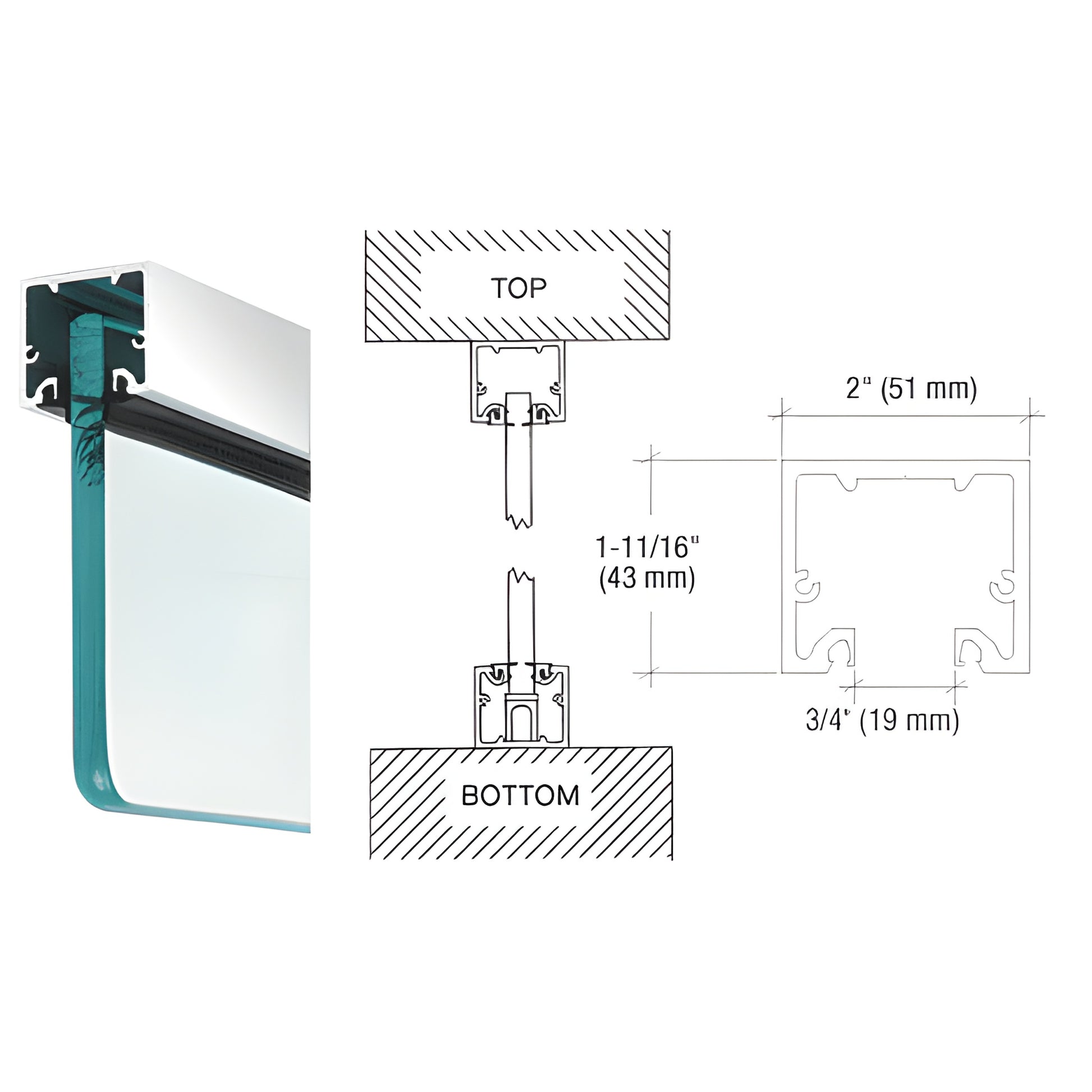 NH2PSCL polished stainless narrow header and wide U channel for 3/8 in glass, 2" wide x 1-11/16" high, product diagram
