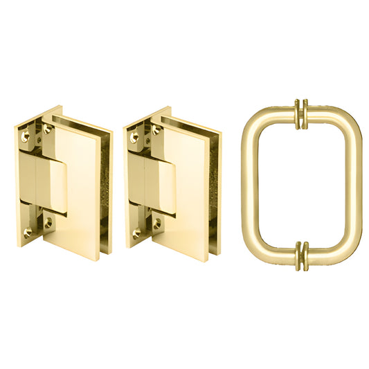 Polished brass shower hinge and tubular back-to-back pull set for 8-12 mm glass - SKU V1ES3BR
