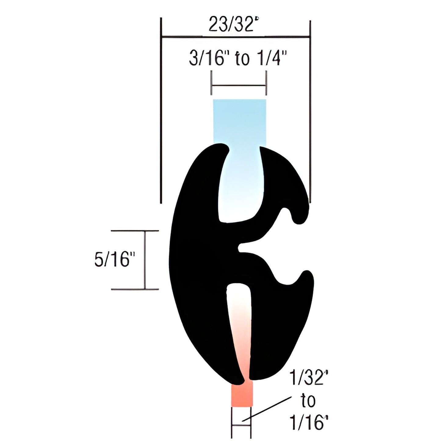 AS1216 black EPDM two-piece self-sealing weatherstrip cross-section, 23/32" wide, fits 3/16-1/4" glass.
