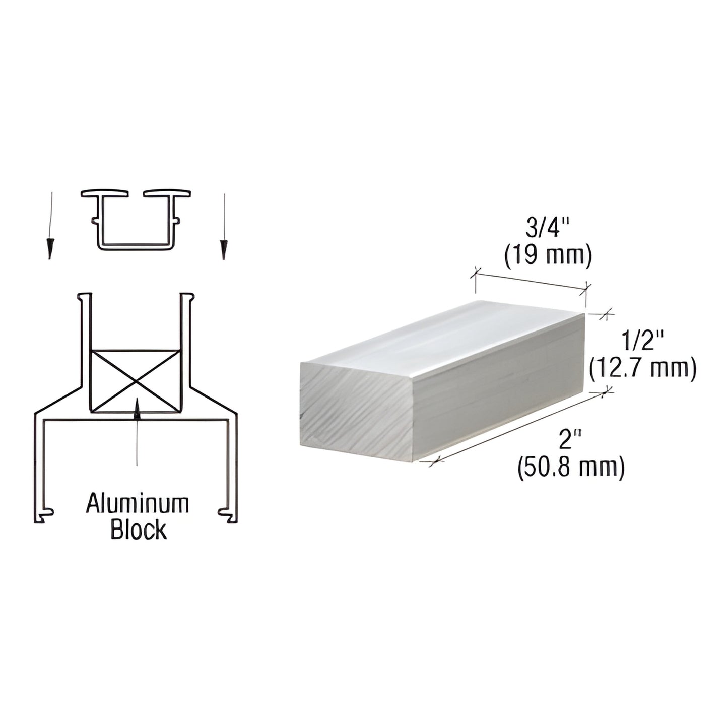 Aluminum block for CRL 100 Series posts, 2 3/4 1/2 in (51 19 13 mm), pack of 10, SKU 1ASB1