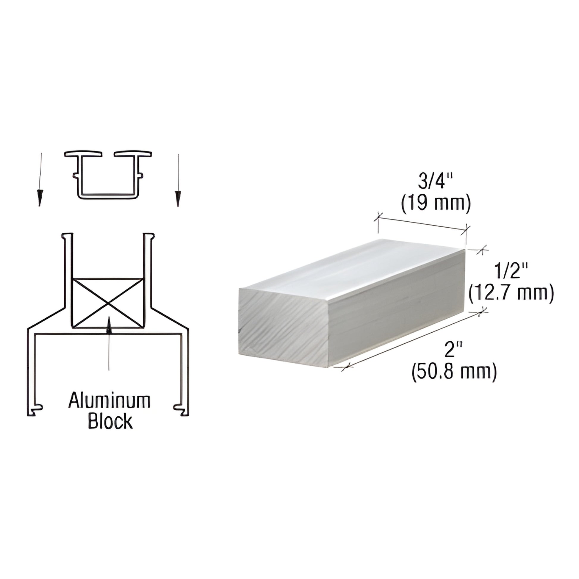 Aluminum block for CRL 100 Series posts, 2 3/4 1/2 in (51 19 13 mm), pack of 10, SKU 1ASB1