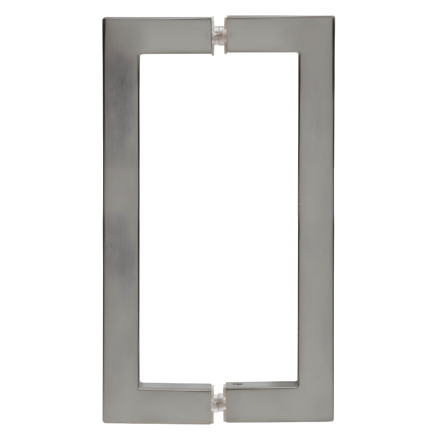 Brushed-nickel square-corner rectangular shower door pull handle, back-to-back mount, 8" center spacing (SKU SQ8X8BN)