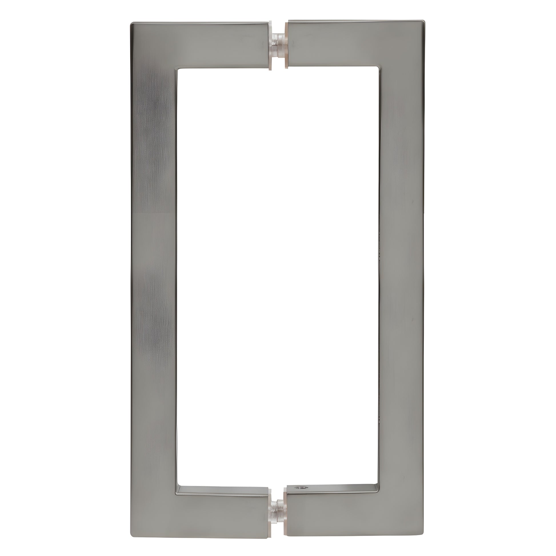 Brushed-nickel square-corner rectangular shower door pull handle, back-to-back mount, 8" center spacing (SKU SQ8X8BN)