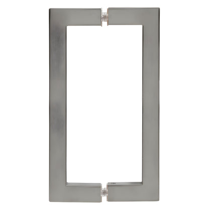 Brushed-nickel square-corner rectangular shower door pull handle, back-to-back mount, 8" center spacing (SKU SQ8X8BN)