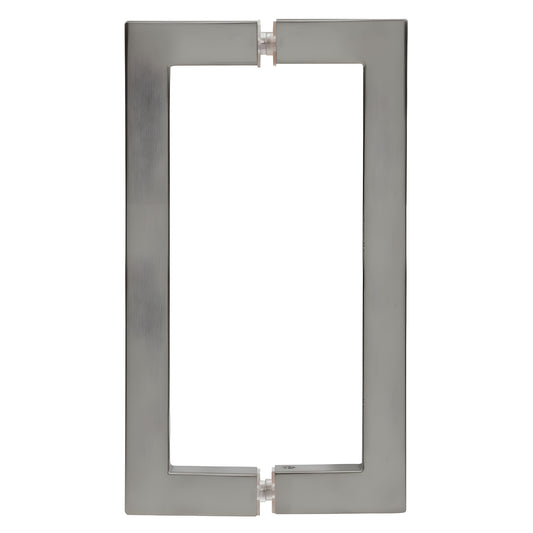 Brushed-nickel square-corner rectangular shower door pull handle, back-to-back mount, 8" center spacing (SKU SQ8X8BN)