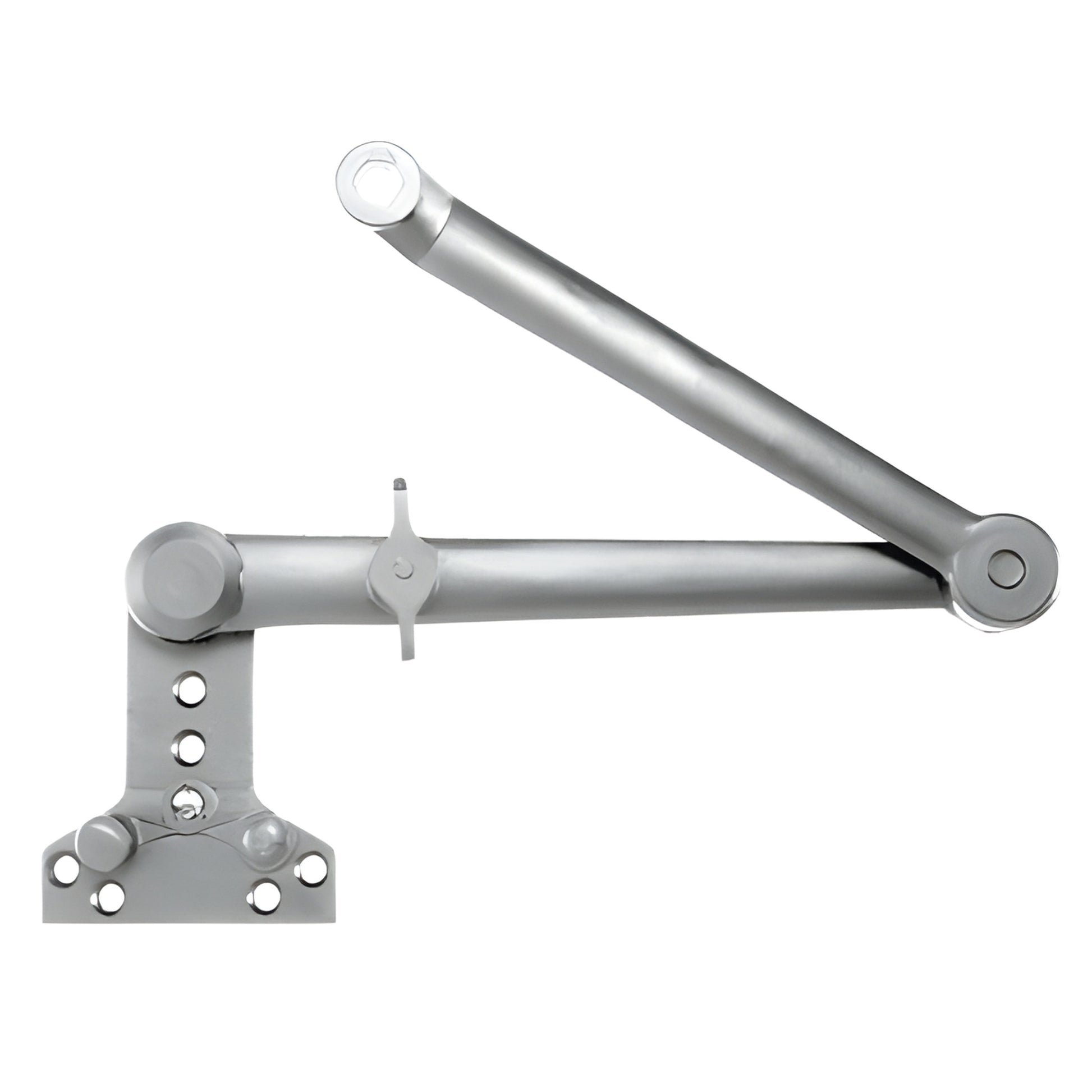 Aluminum Cush-N-Stop door closer arm, friction hold-open 90-180 , surface mount for PR90 series, silver finish.