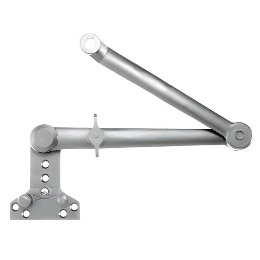 Aluminum Cush-N-Stop door closer arm, friction hold-open 90-180 , surface mount for PR90 series, silver finish.