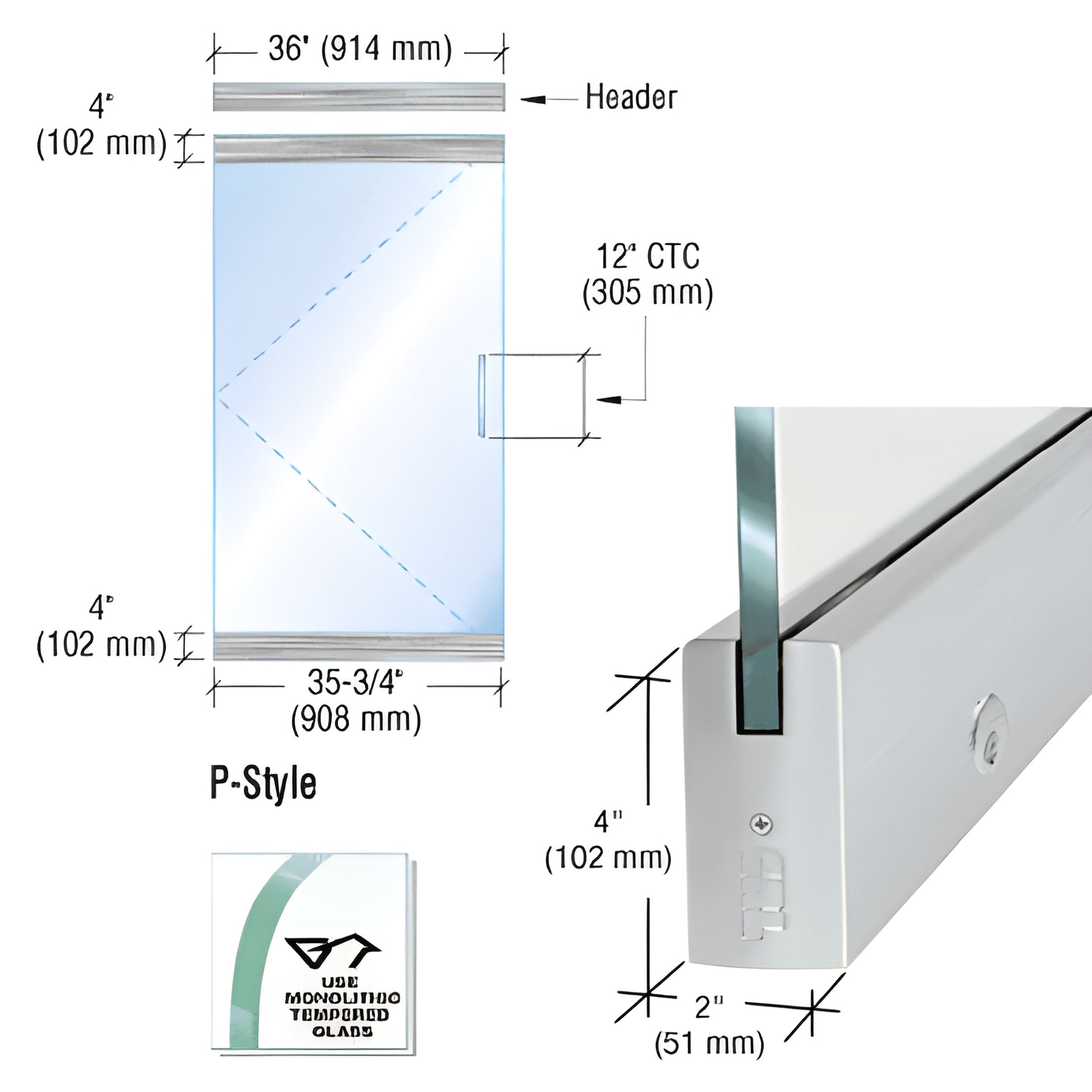 P4BS12SEL P-style dry-glazed frameless door kit, brushed stainless aluminum rails for 1/2" (12mm) tempered glass, dimensioned