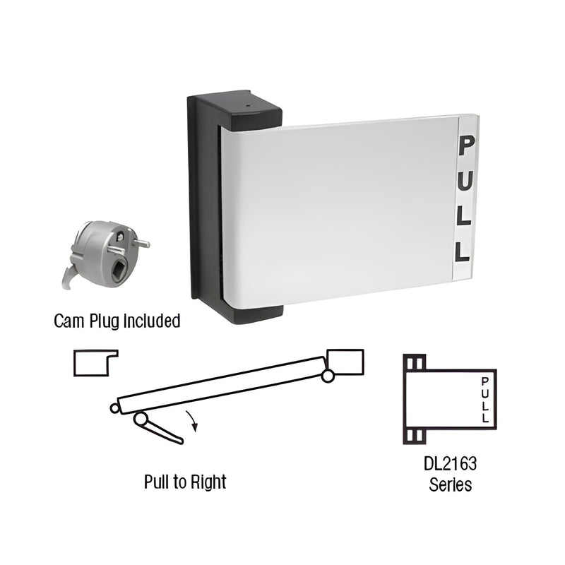 DL2163A aluminum universal push-pull paddle handle with 'PULL' indicator and cam plug, reversible 5"x4".
