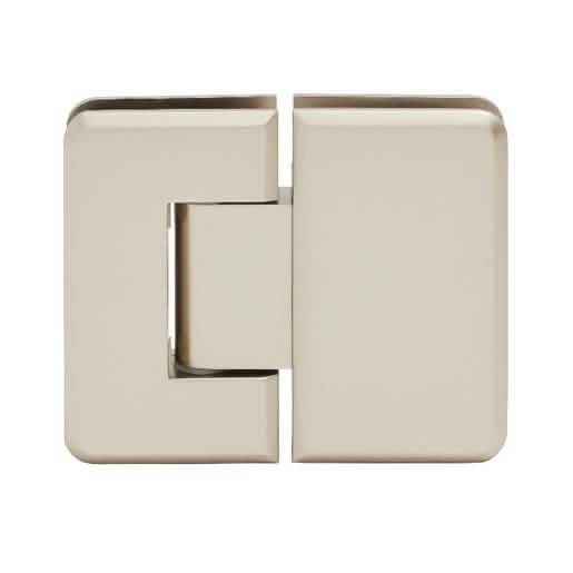 Satin Nickel Pinnacle 180 Glass-to-Glass Hinge for seamless 180-degree shower doors.