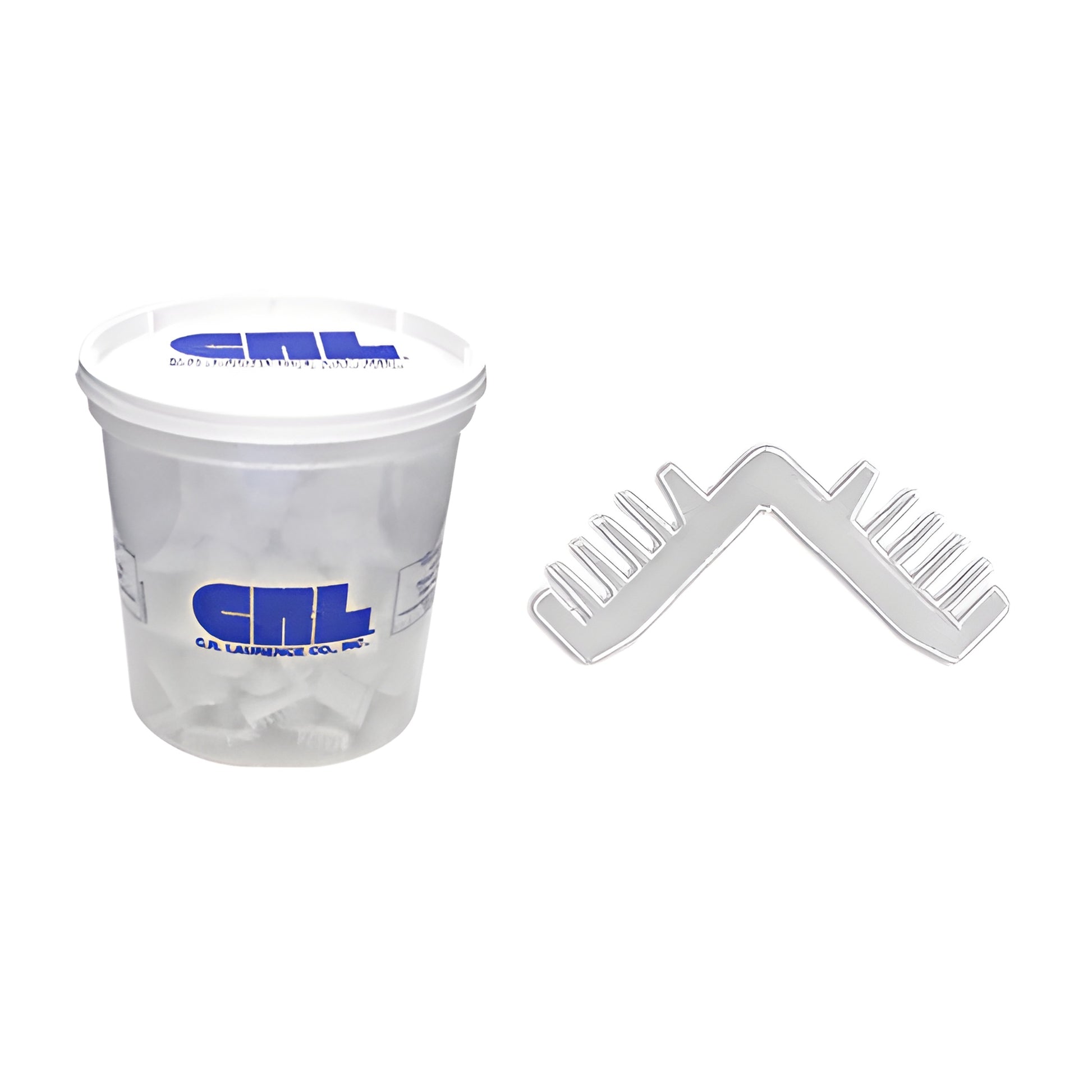 CRL white nylon corner keys SKU 6268 - long-fin 7/16in inserts, shown single and in a plastic bucket (100 pcs)